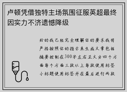 卢顿凭借独特主场氛围征服英超最终因实力不济遗憾降级